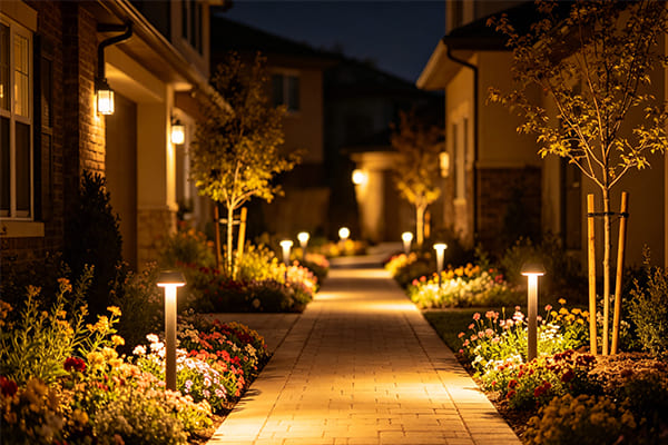 A beautifully lit residential walkway at night with low-position ambient lighting.